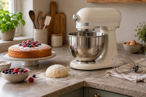 Keukenmachine met bakgerei op een keukenaanrecht