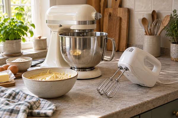 Keukenmachine en losse handmixer op het aanrecht