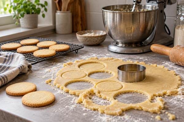 Zandkoekjesdeeg met uitgestoken ronde koekjes