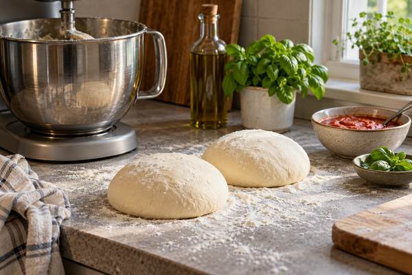 Twee gerezen pizzadeegbollen op een bebloemd werkblad